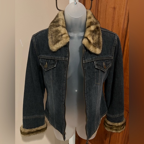 NEW NWOT VINTAGE Y2K GIACCA PENNY LANE BLUE DENIM JACKET FAUX FUR TRIM MEDIUM - Picture 4 of 14
